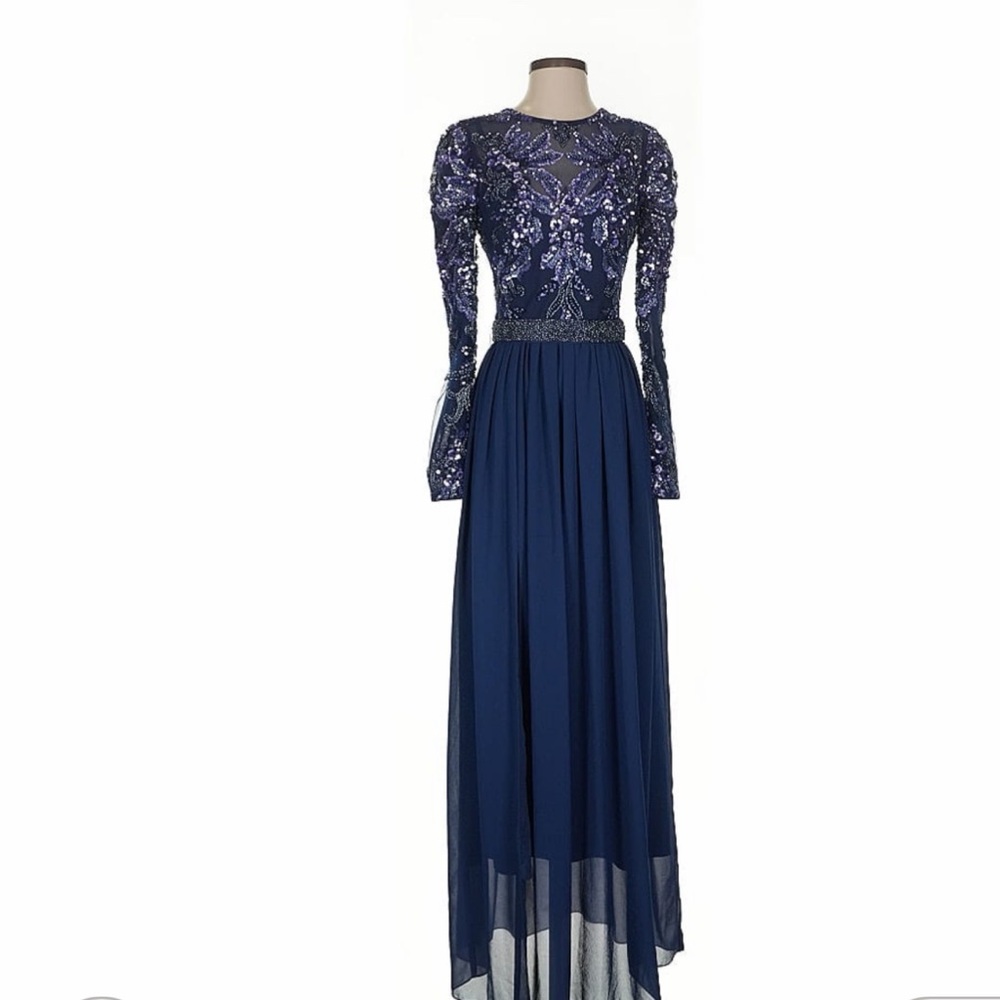 Dress the Population Navy Embellished Long Sleeve Gown